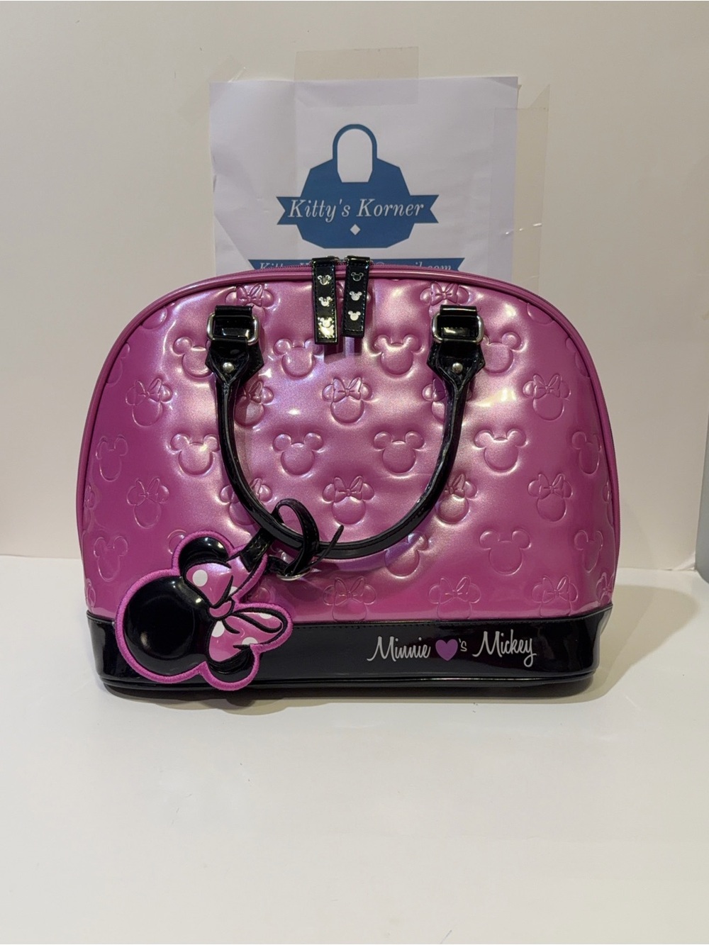 Loungefly Disney’s Minnie Loves Mickey Mouse Embossed Satchel Magenta Color